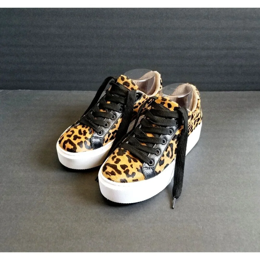 NATALY MENDEZ Brown Leopard Sneakers Sz 37 7 Lace Up Leather Calf Hair - Picture 2 of 15